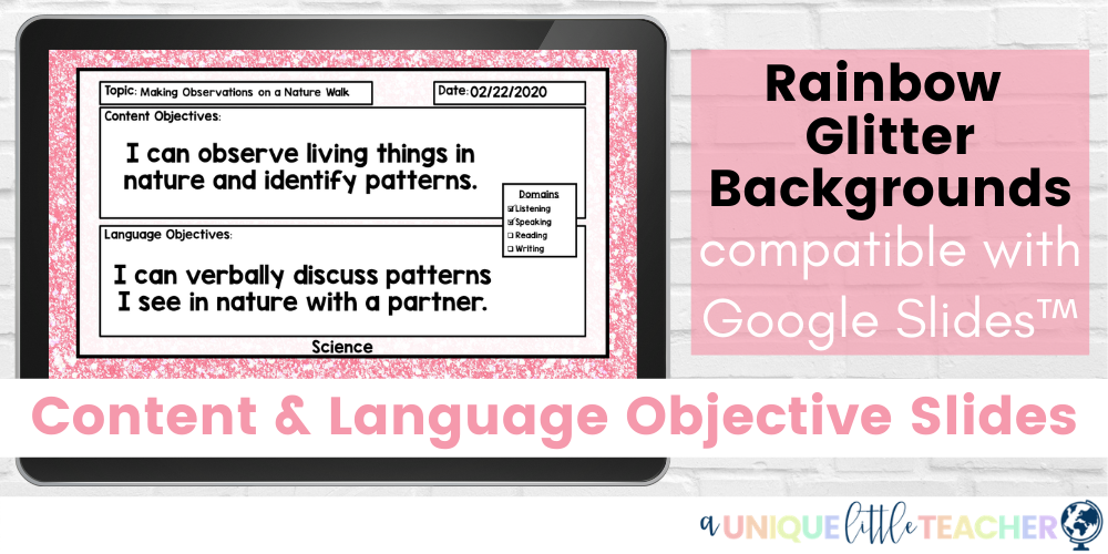 Content and Language Objectives Glitter Google Slides