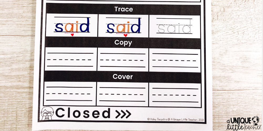 Trace, Copy, Cover, Closed for Heart Words