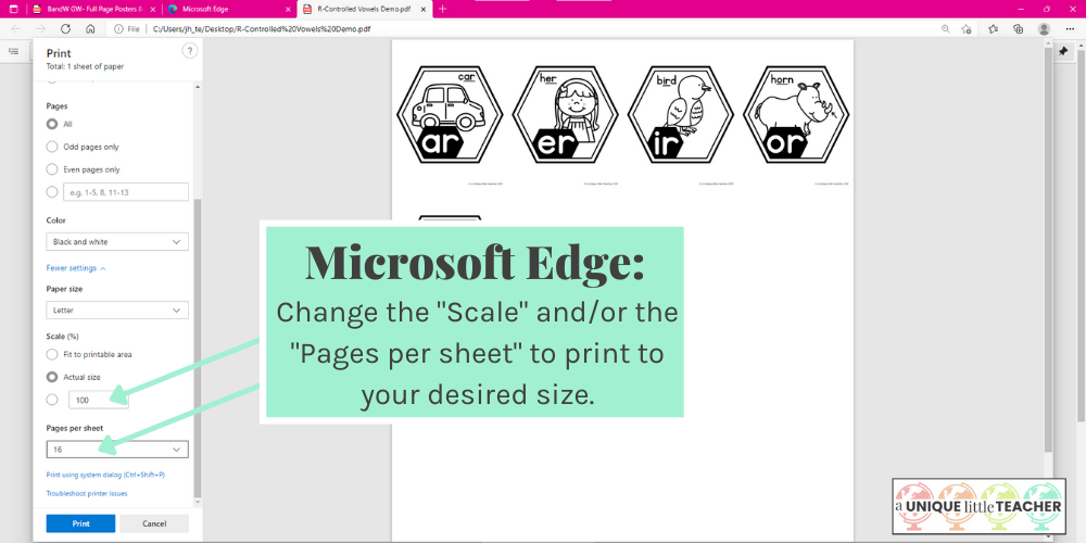 Save paper by resizing your document and printing multiple pages to a sheet of paper in Microsoft Edge™
