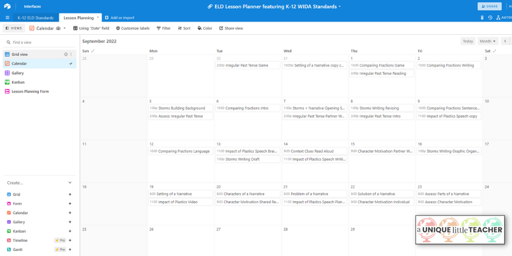 Calendar view of Airtable™ digital planner